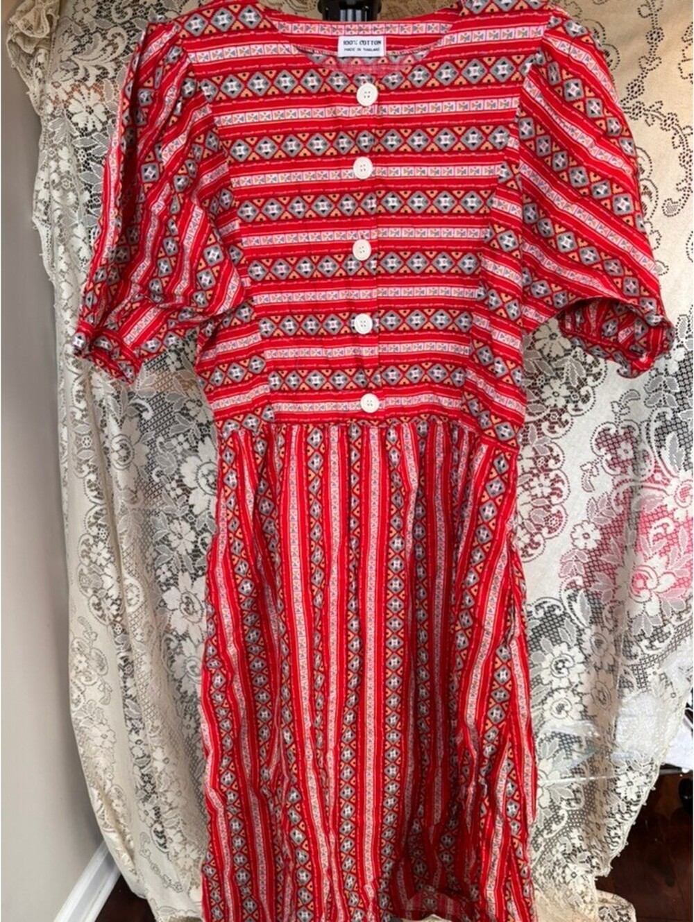 Vintage Red Geometric Puff Sleeve Cotton Dress | Cottagecore Prairie Midi Dress